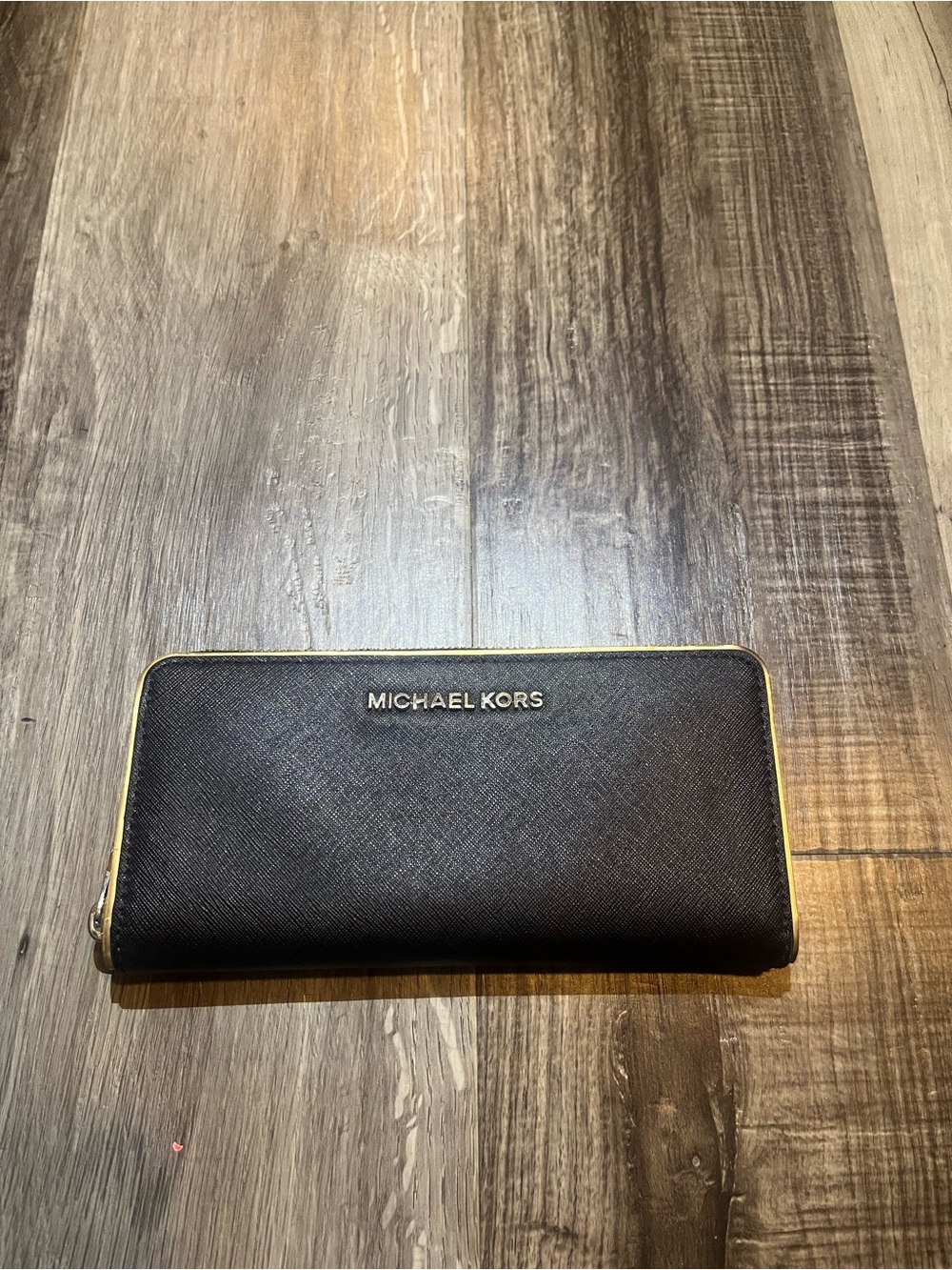 Michael Kors Black Saffiano Zip Wallet with Gold Accents